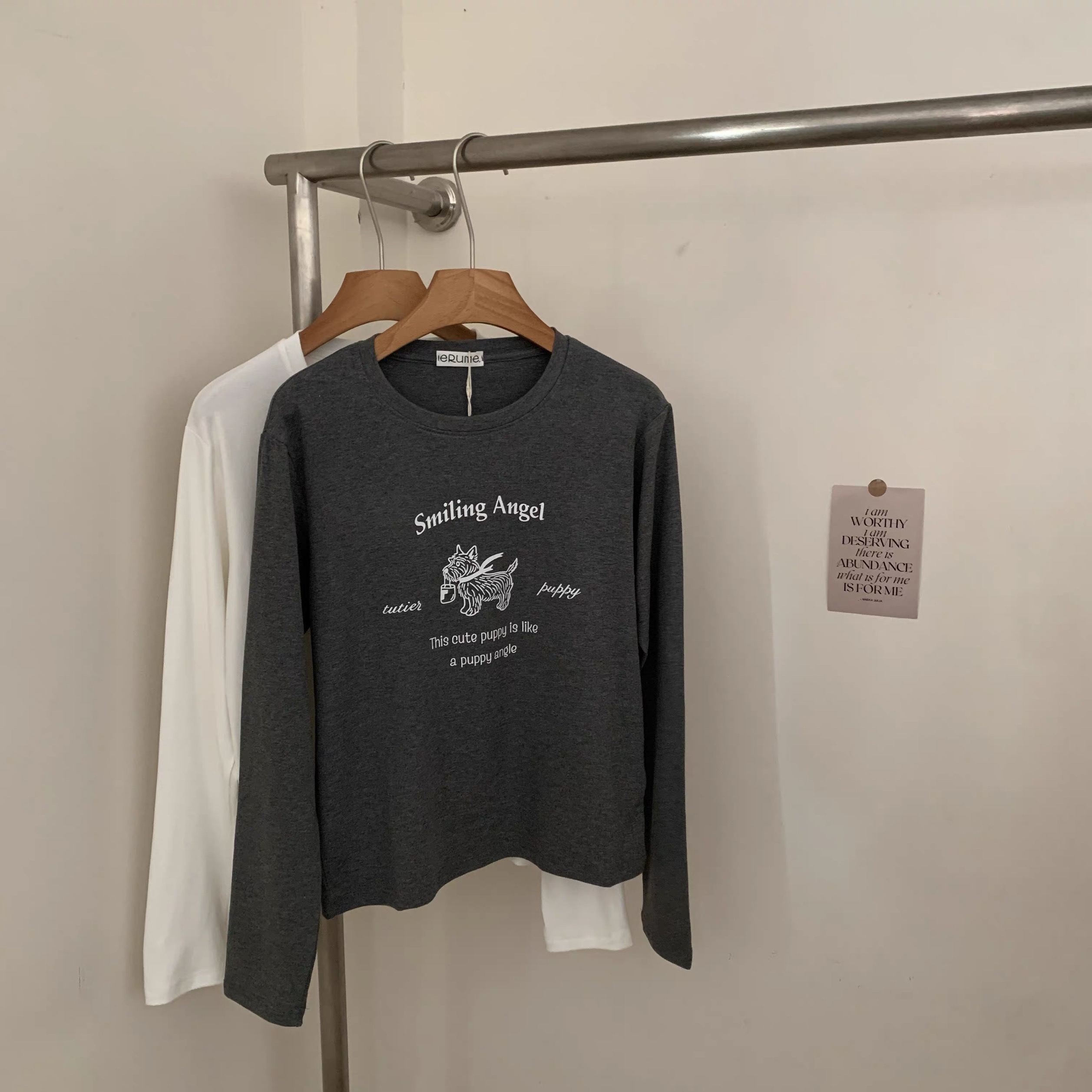 韩代同款ins卡通狗印花圆领长袖T恤女2025秋装弹力修身小