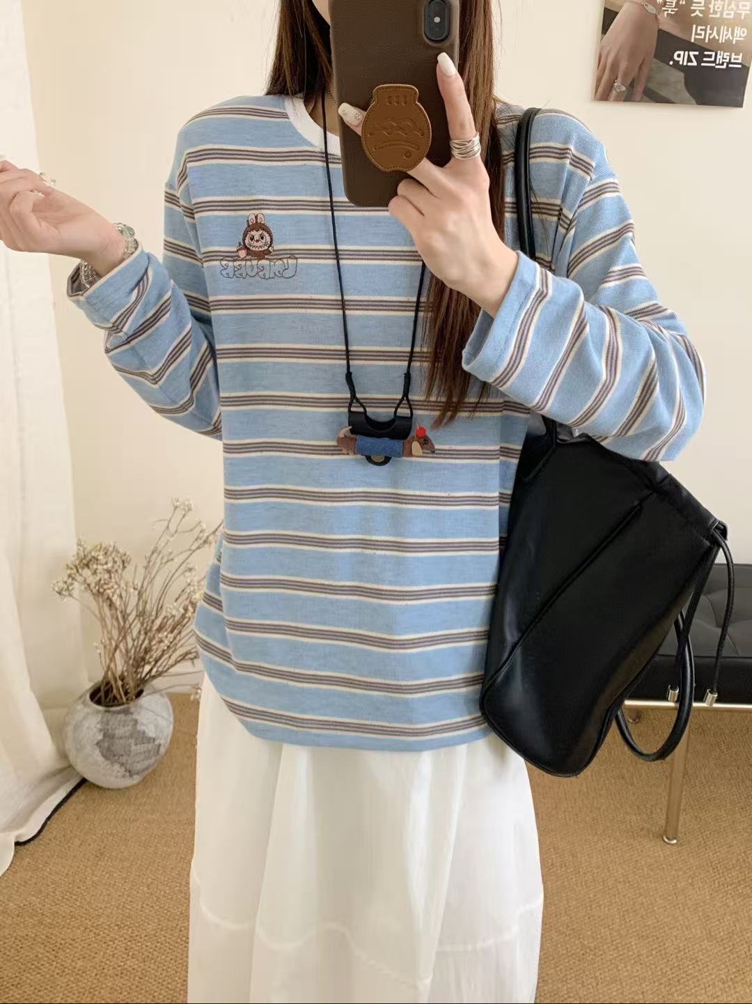 erume柔棉条纹动物头像刺绣条纹长袖